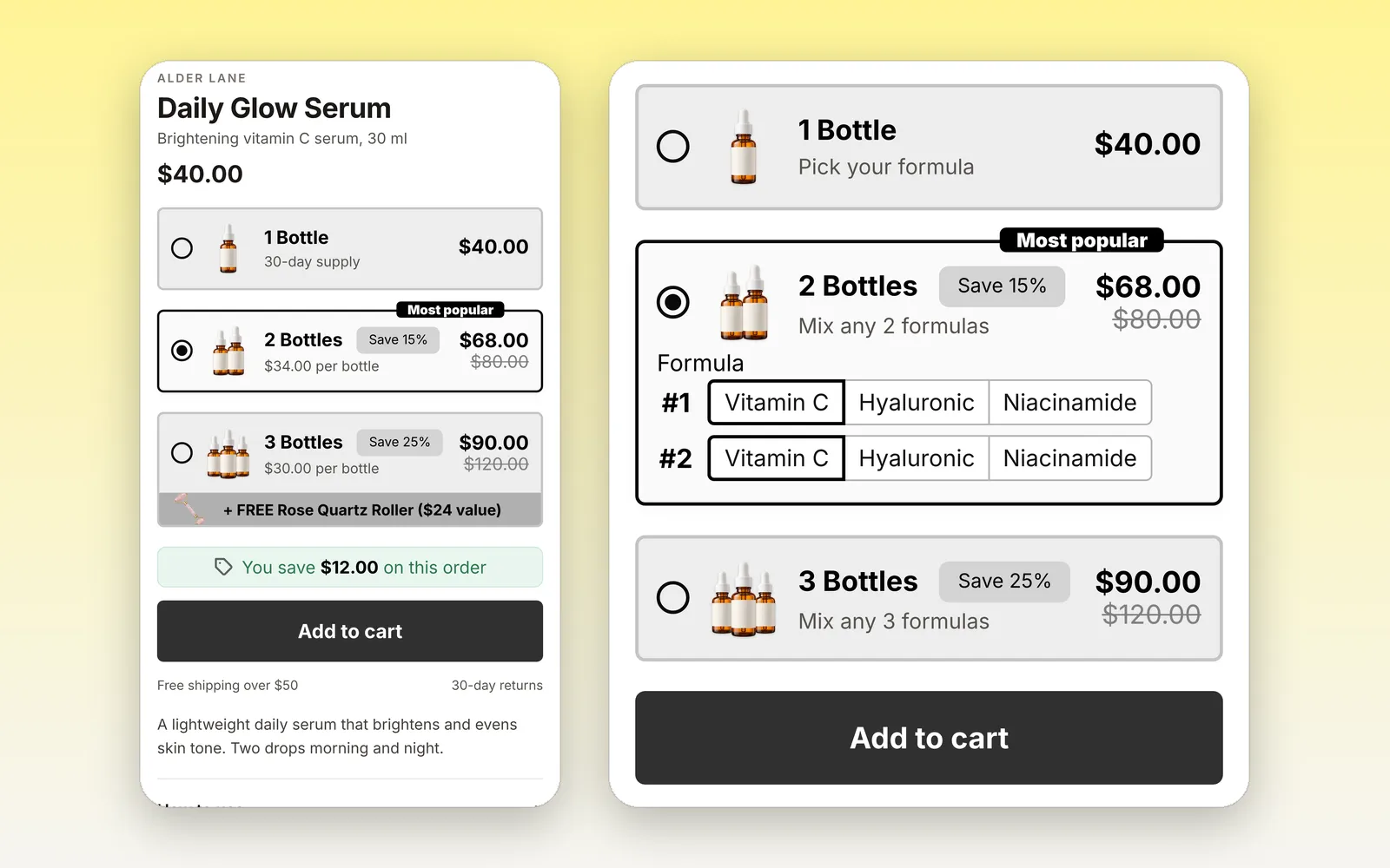 A product page with the BundleUp widget, and a 2-pack with a formula picker for each bottle
