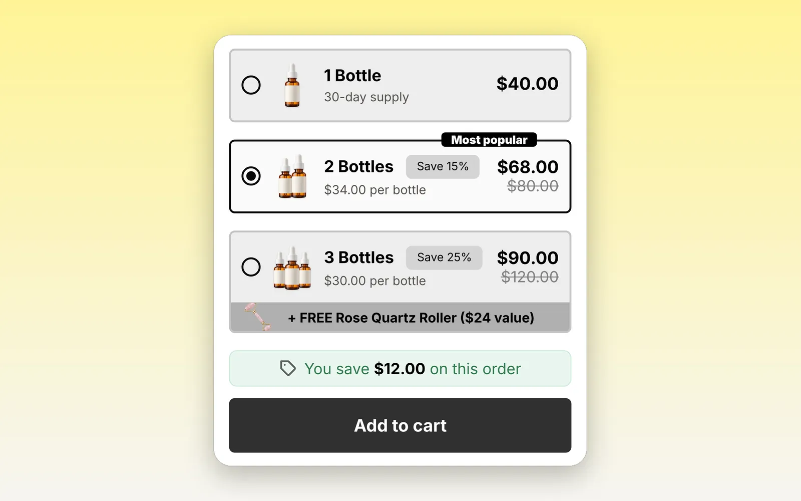 BundleUp widget with three bottle tiers and the 2-pack pre-selected