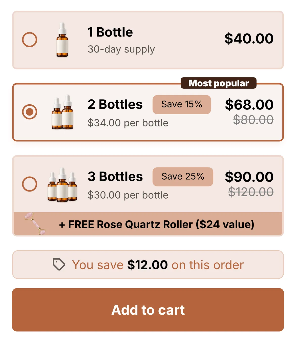 BundleUp widget styled in a store's own orange brand color, with a free roller on the 3-bottle tier.