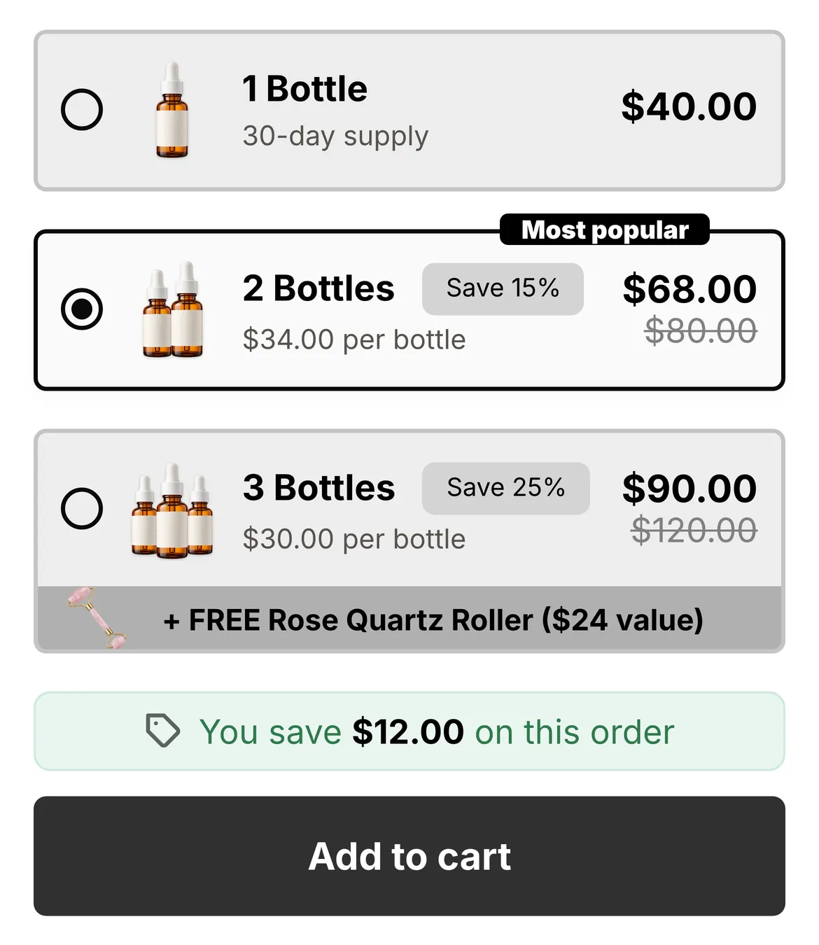 BundleUp widget with 1, 2 and 3 bottle tiers, struck prices, a Most popular tag and "You save $12.00 on this order".