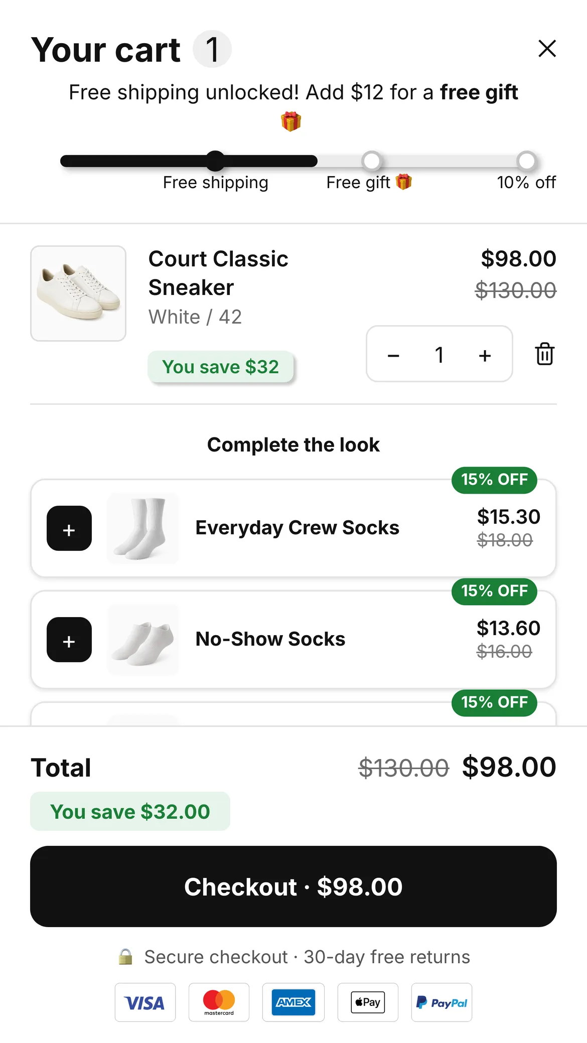 Cartify cart drawer on a phone with "Complete the look" upsells marked 15% off.