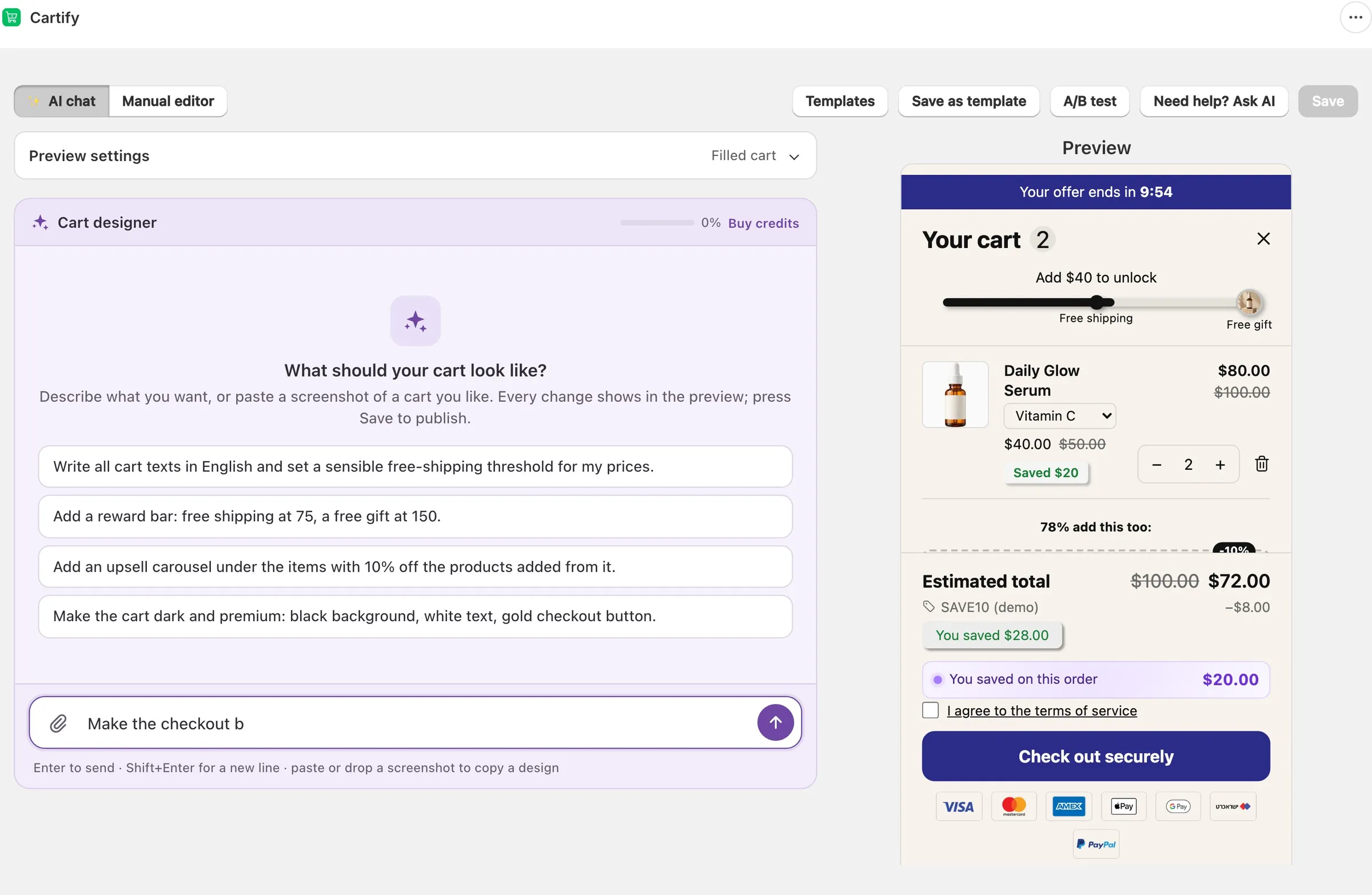 Cartify AI Cart designer with suggested requests