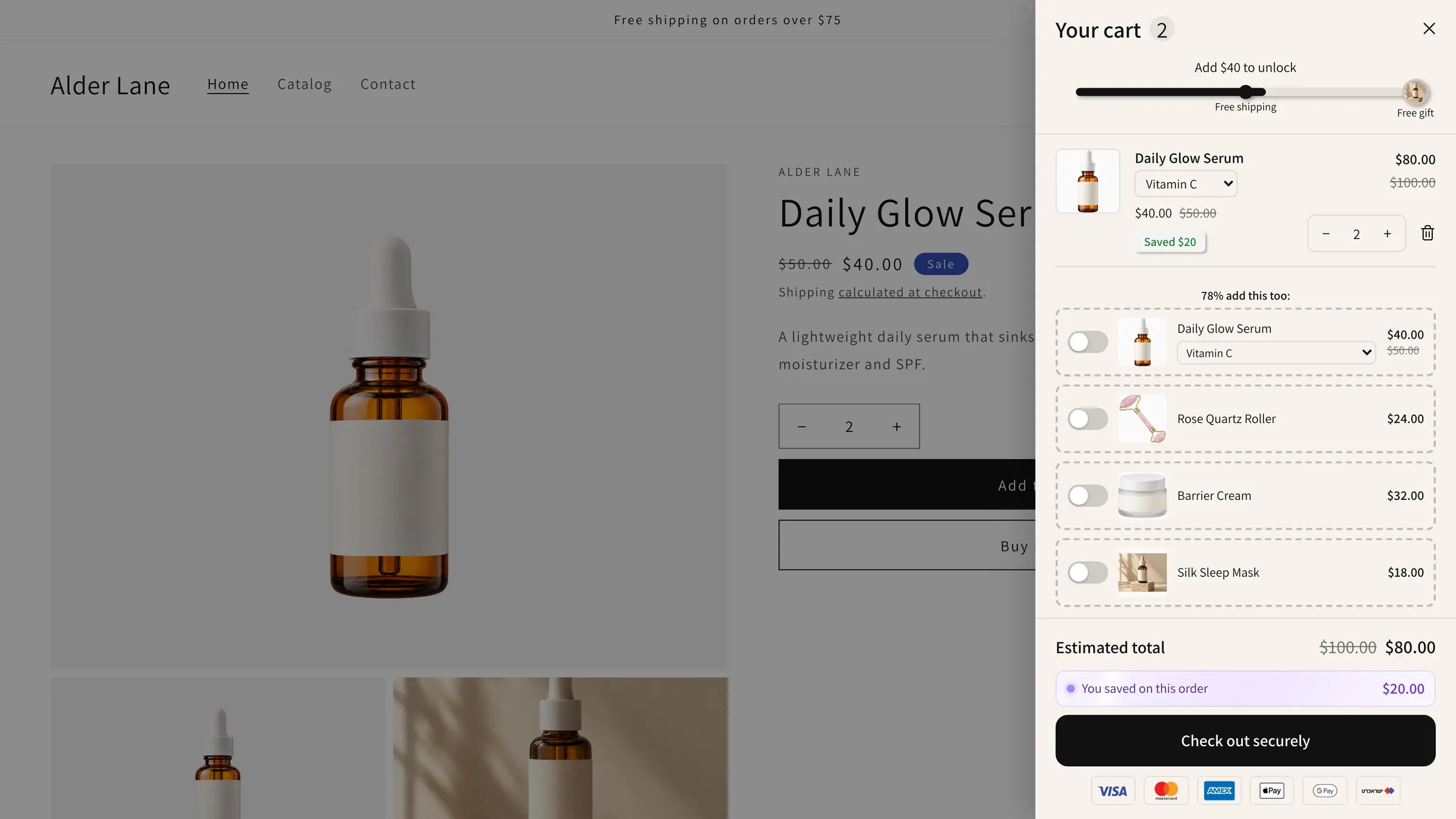 A Shopify store product page with the Cartify cart drawer open, showing a reward bar, add-on toggles and the checkout button.