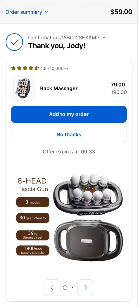 ExtraSale offer card on the Shopify thank-you page: a back massager at a discounted price with accept and No thanks buttons and a countdown.
