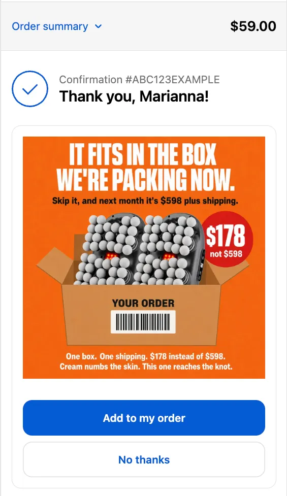ExtraSale offer on the thank-you page with an orange graphic: "It fits in the box we're packing now", $178 instead of $598.