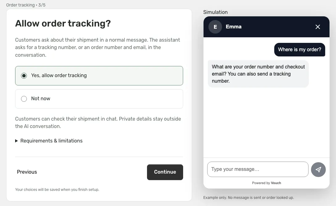 Vouch sales chat setup with order tracking turned on and a chat simulation where a shopper asks where their order is.